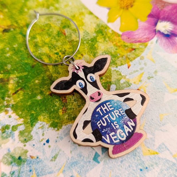 The Future is Vegan  Cow with Crystal Ball Printed Wood Charm Earrings on Sale