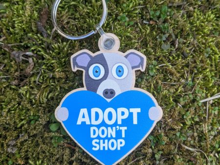 Adopt, Don t Shop.  (dog with heart) Printed Wood Pitbull Keychain For Sale