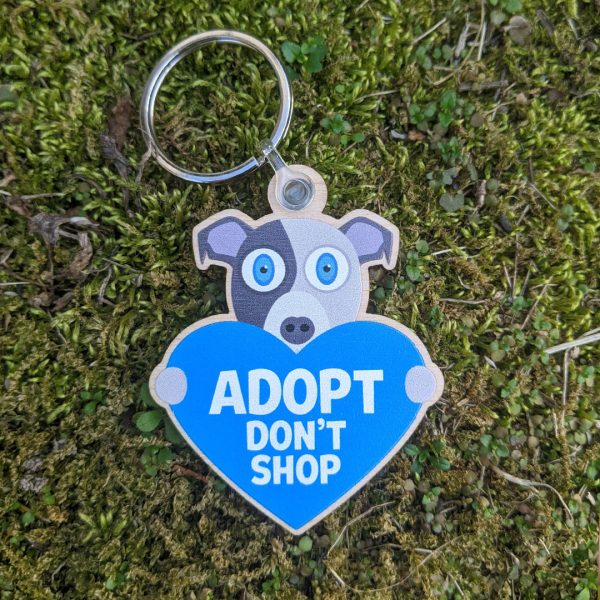 Adopt, Don t Shop.  (dog with heart) Printed Wood Pitbull Keychain For Sale