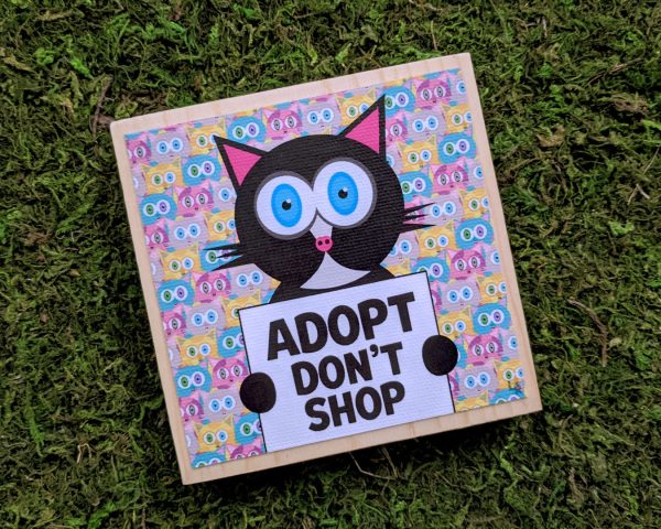 Adopt, Don t Shop  Whimsical Black Cat Art on Wood Block - Funky Cat Sign Sale