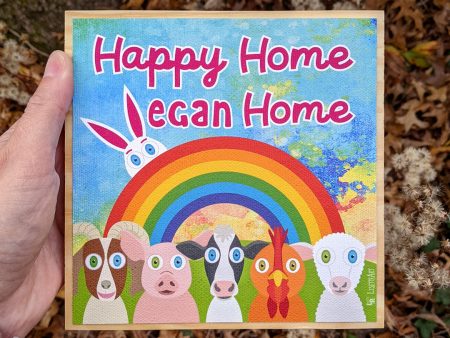 Happy Home, Vegan Home  Whimsical Animal Friends Art on Wood Block - Funky Vegan Sign For Sale