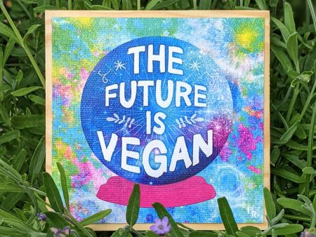 The Future is Vegan  Whimsical Cow with Crystal Ball Art on Wood Block - Vegan Sign Sale