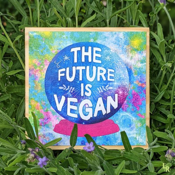 The Future is Vegan  Whimsical Cow with Crystal Ball Art on Wood Block - Vegan Sign Sale