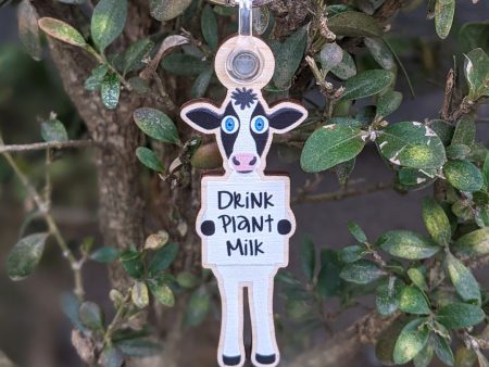 Drink Plant Milk  Printed Wood Vegan Cow Keychain For Sale