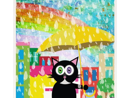 Cat in Sun Shower  Whimsical Kitty in Rain Art Print on Sale