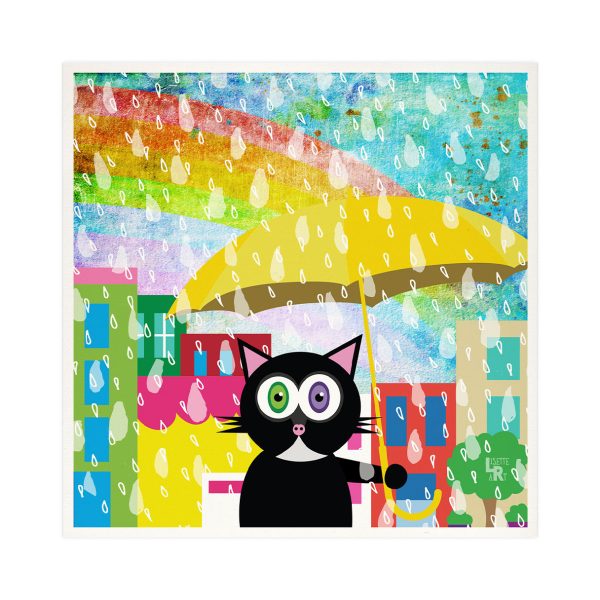 Cat in Sun Shower  Whimsical Kitty in Rain Art Print on Sale