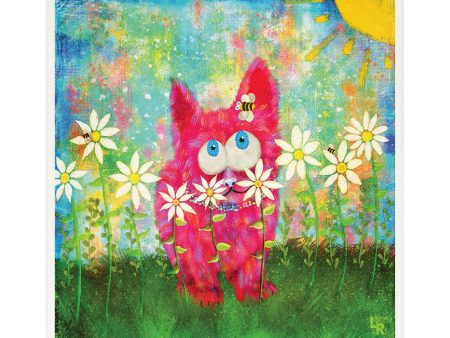 Pink Fuzzy Kitty and Bee  - Cat Art Print Sale