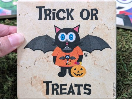 TRICK OR TREATS  Bat Cat Halloween Square Stone Coaster Online now