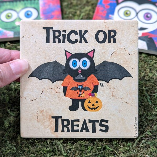 TRICK OR TREATS  Bat Cat Halloween Square Stone Coaster Online now