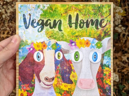 Vegan Home  Whimsical Animals in Flower Crowns Art on Wood Block - Vegan Sign on Sale