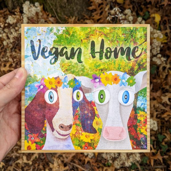 Vegan Home  Whimsical Animals in Flower Crowns Art on Wood Block - Vegan Sign on Sale