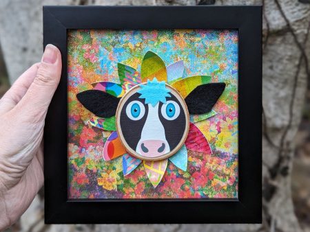 Whimsical Cow Flower - 6  Framed Mixed Media Art Hot on Sale