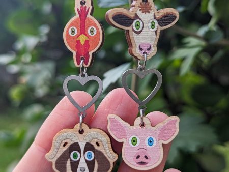 Animal Lover Vegan Chicken, Goat, Cow, Pig Printed Wood Charm Earrings on Sale