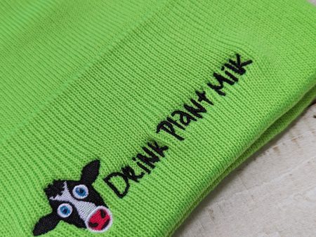 Drink Plant Milk  Embroidered Beanie with Pom-pom, Vegan Message Cow Hat Supply