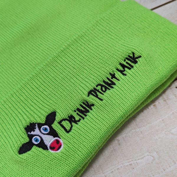 Drink Plant Milk  Embroidered Beanie with Pom-pom, Vegan Message Cow Hat Supply