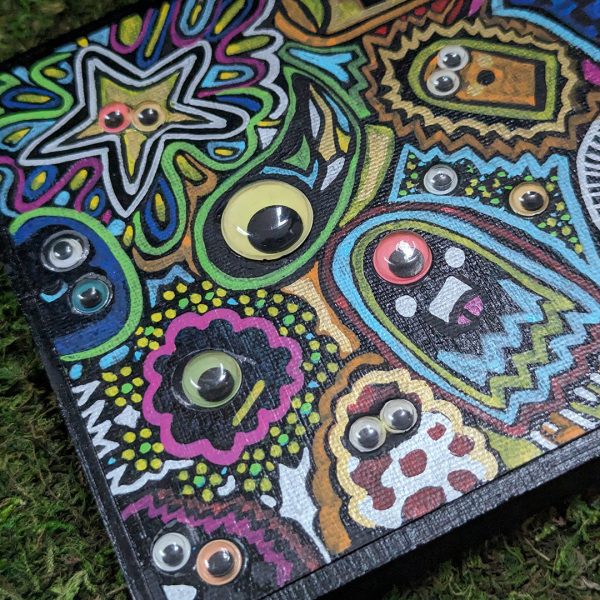 Googly Eyed Monster Friends - Mixed Media Art on Wood For Sale