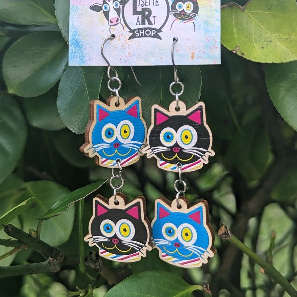 CMYKat  Mismatch Cat Printed Wood Charm Earrings For Cheap