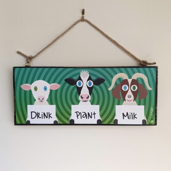 Drink Plant Milk  Sheep, Cow and Goat Large Vegan Wood Sign Supply