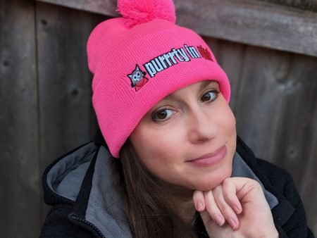 Purrrty in Pink  Embroidered Beanie with Pom-pom, 80 s Parody Cat Hat Cheap