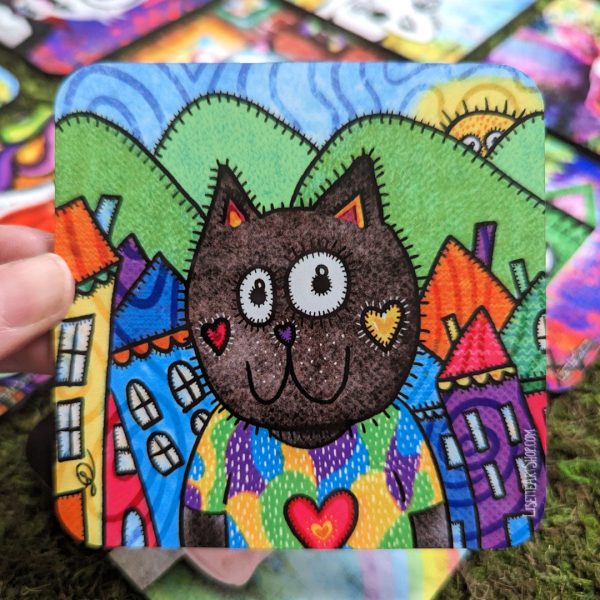 Cat in a Village  Art Coaster For Sale