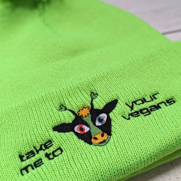 Take Me To Your Vegans  Embroidered Beanie with Pom-pom, Alien Cow Hat Sale