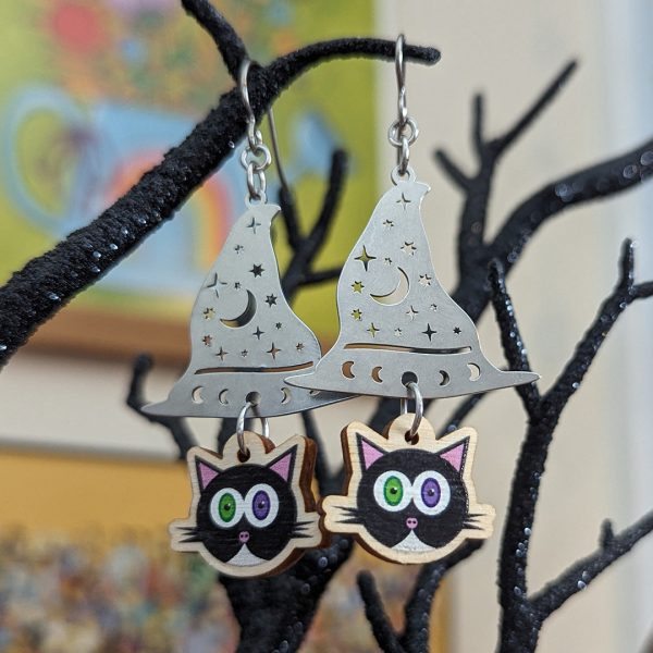 Cat and a Witch Hat - Printed Wood Charm Halloween Earrings Fashion