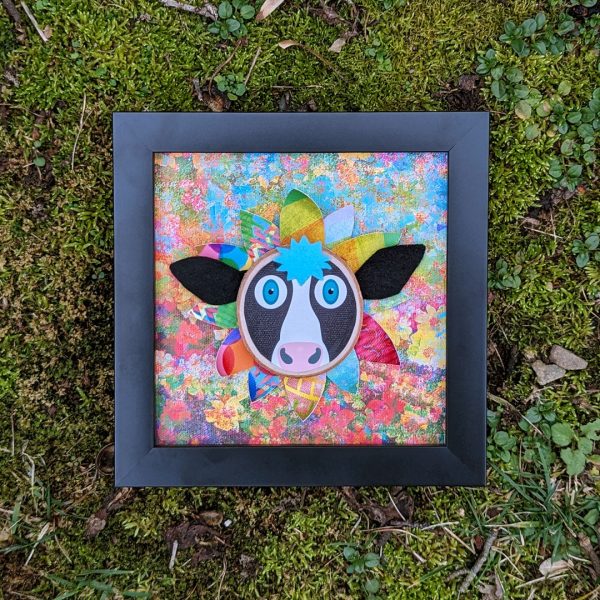 Whimsical Cow Flower - 6  Framed Mixed Media Art Hot on Sale