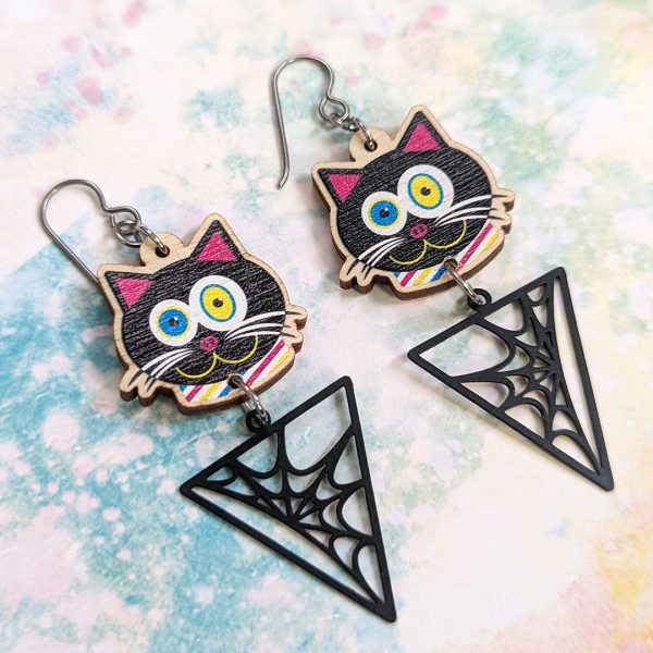 CMYKat  Black Cat with Spider Web, Printed Wood Charm Earrings Online