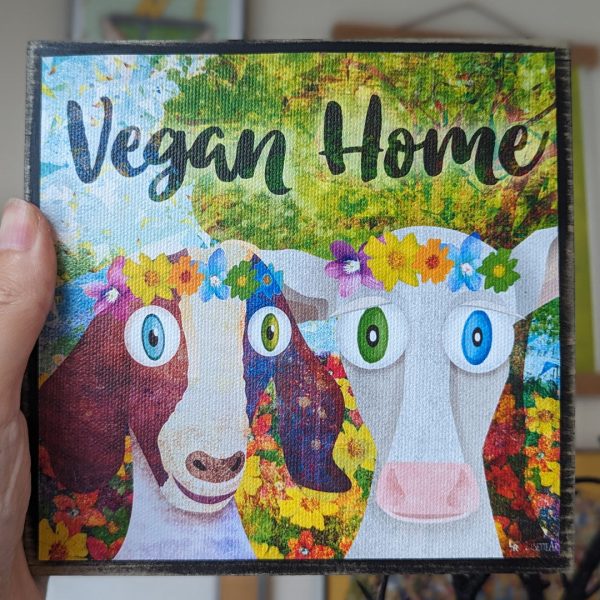 Vegan Home  Whimsical Animals in Flower Crowns Art on Wood Block - Vegan Sign on Sale