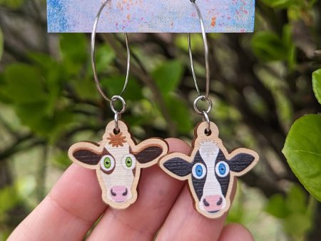 Cute Cows - Mismatch Printed Wood Charm Vegan Hoop Earrings Online Hot Sale