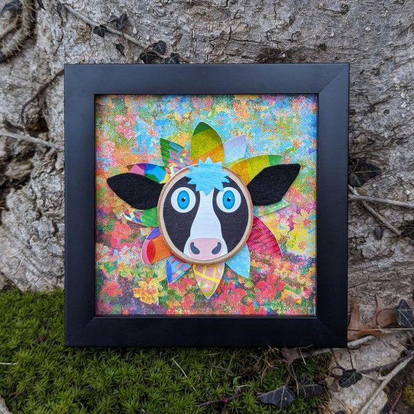 Whimsical Cow Flower - 6  Framed Mixed Media Art Hot on Sale