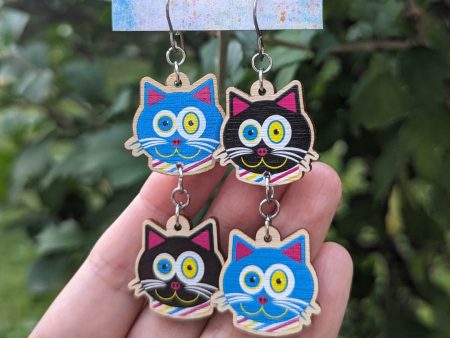 CMYKat  Mismatch Cat Printed Wood Charm Earrings For Cheap