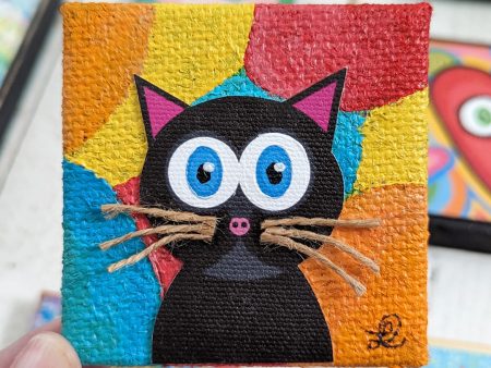 Contemporary Cat - Miniature Mixed Media Art, Black Cat Portrait Online Sale