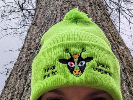 Take Me To Your Vegans  Embroidered Beanie with Pom-pom, Alien Cow Hat Sale