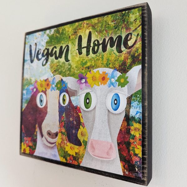 Vegan Home  Whimsical Animals in Flower Crowns Art on Wood Block - Vegan Sign on Sale