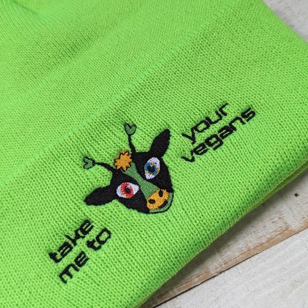 Take Me To Your Vegans  Embroidered Beanie with Pom-pom, Alien Cow Hat Sale