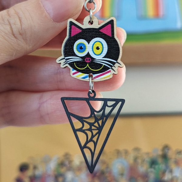 CMYKat  Black Cat with Spider Web, Printed Wood Charm Earrings Online