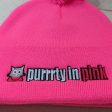 Purrrty in Pink  Embroidered Beanie with Pom-pom, 80 s Parody Cat Hat Cheap