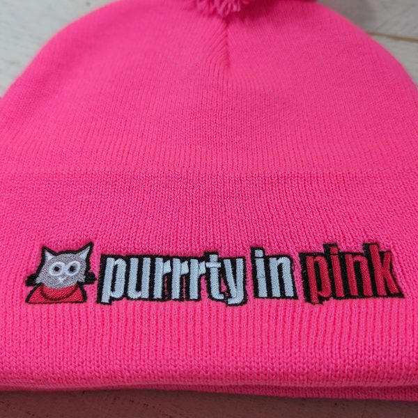 Purrrty in Pink  Embroidered Beanie with Pom-pom, 80 s Parody Cat Hat Cheap