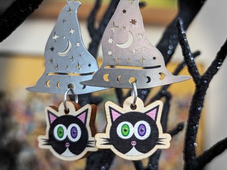 Cat and a Witch Hat - Printed Wood Charm Halloween Earrings Fashion