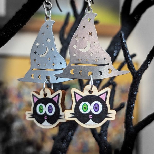 Cat and a Witch Hat - Printed Wood Charm Halloween Earrings Fashion