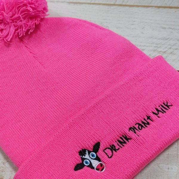 Drink Plant Milk  Embroidered Beanie with Pom-pom, Vegan Message Cow Hat Supply